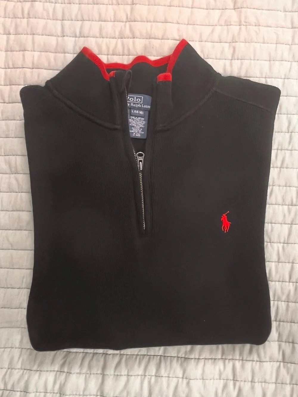 Ralph Lauren Boy’s Black Quarter- Zip Sweater with Red Logo Trim size 14/16